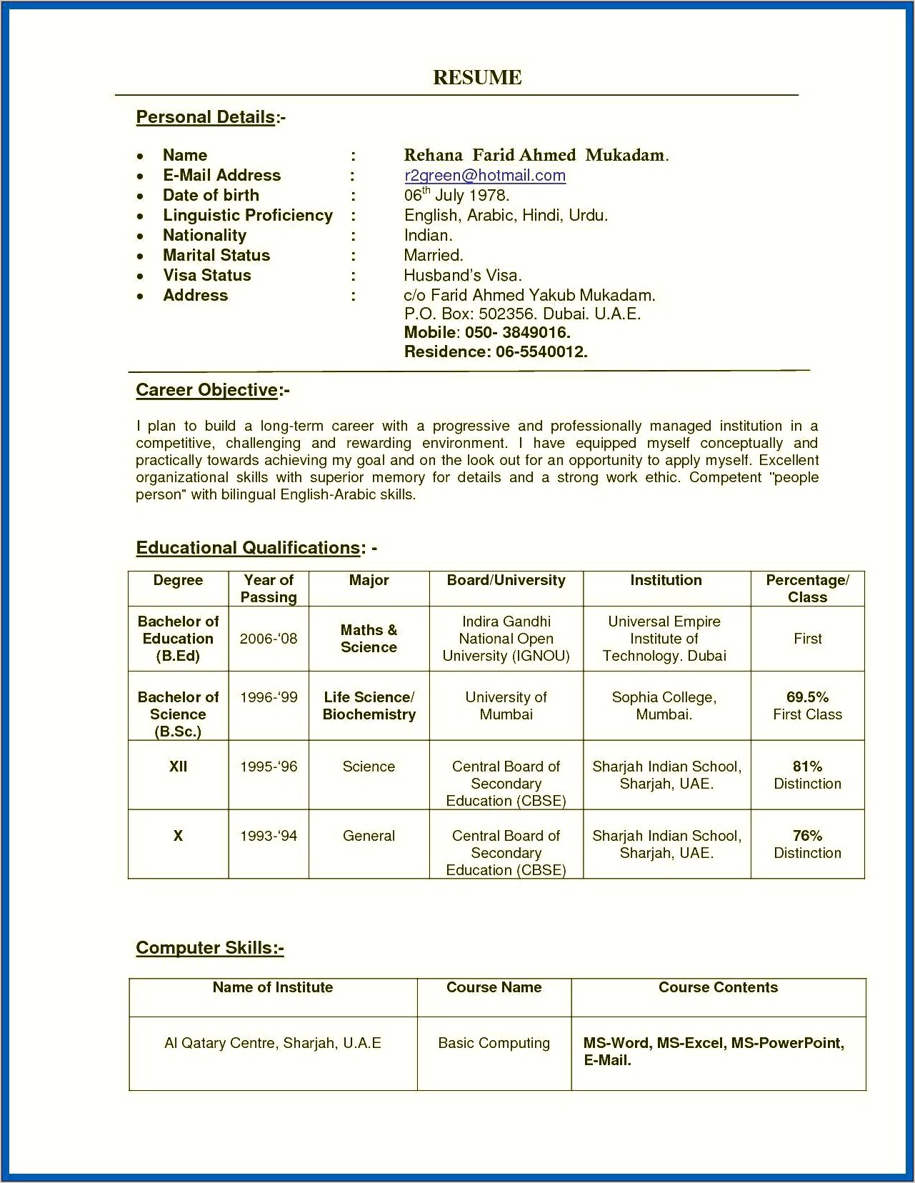 Sample Resume For English Teachers India