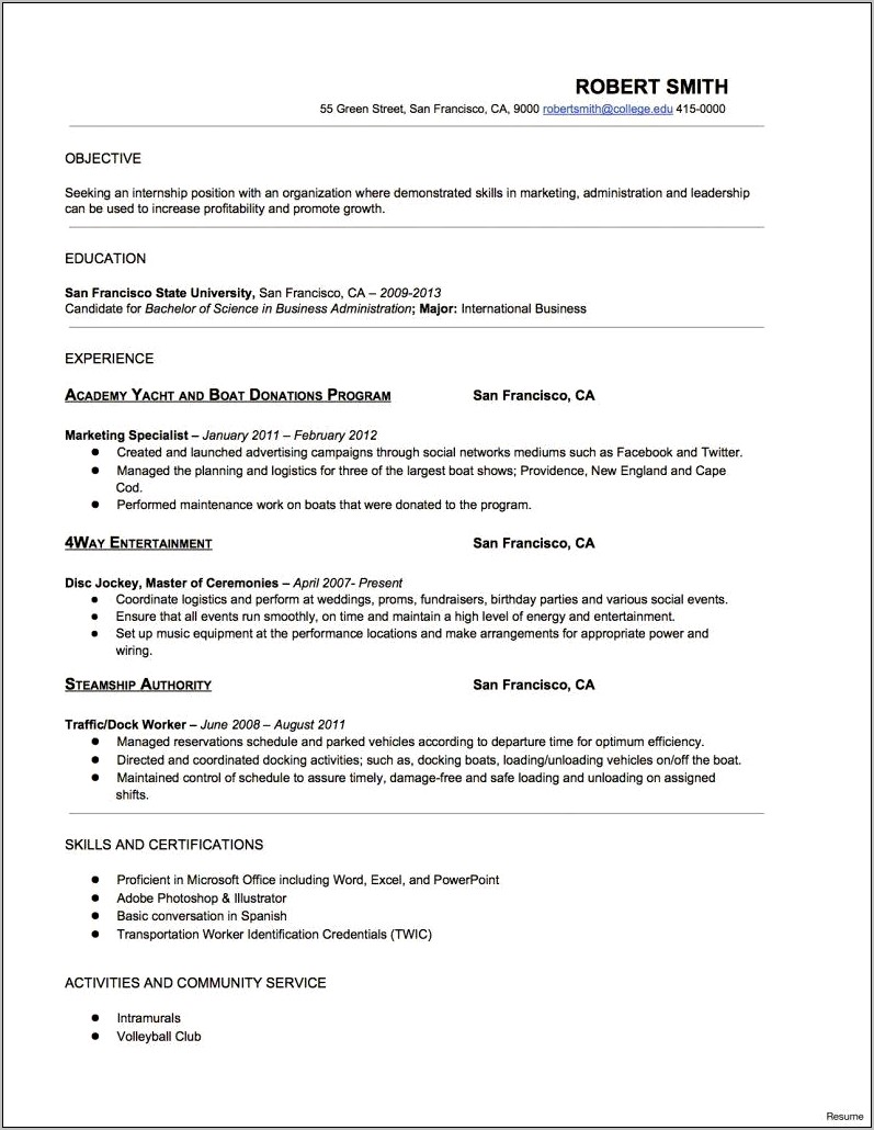 Sample Resume For Entry Level College Student