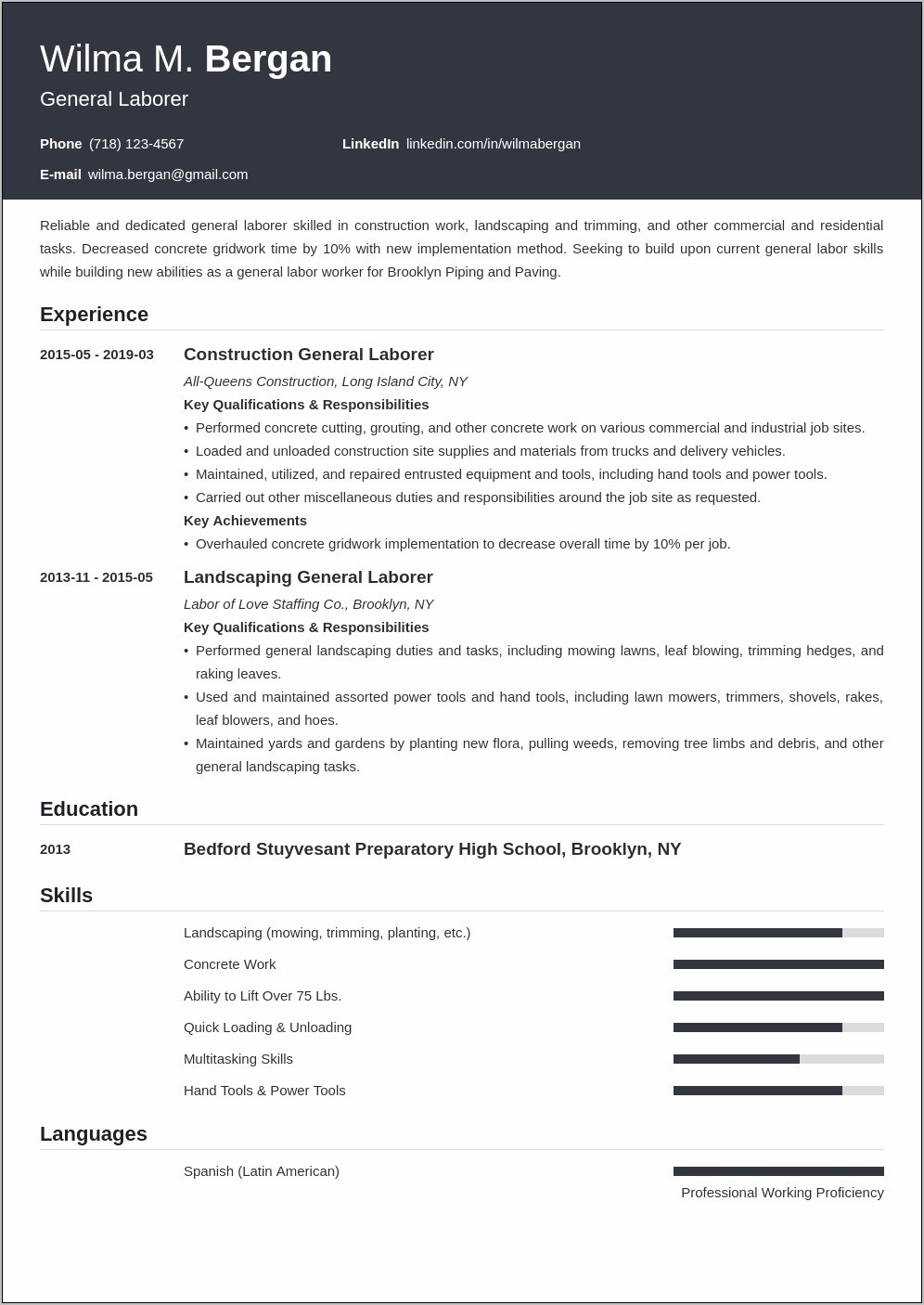 Sample Resume For Entry Level Construction Laborer