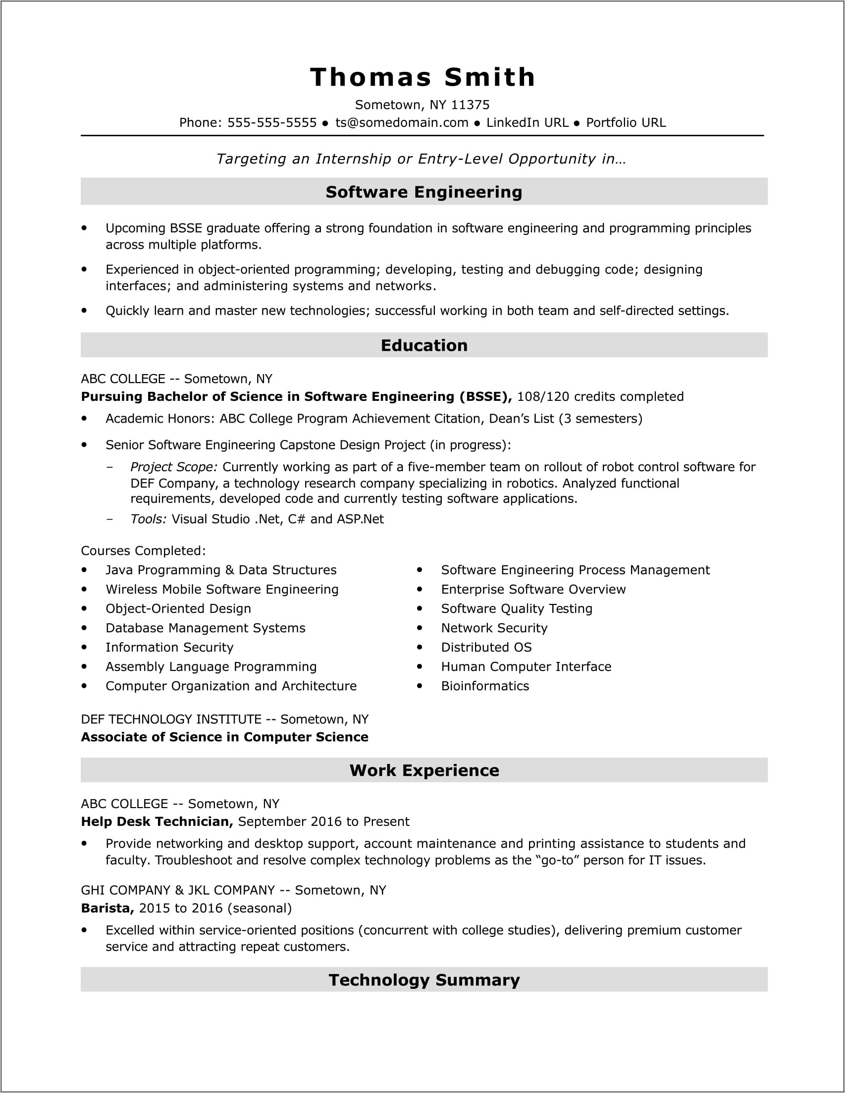 Sample Resume For Entry Level It Help Desk