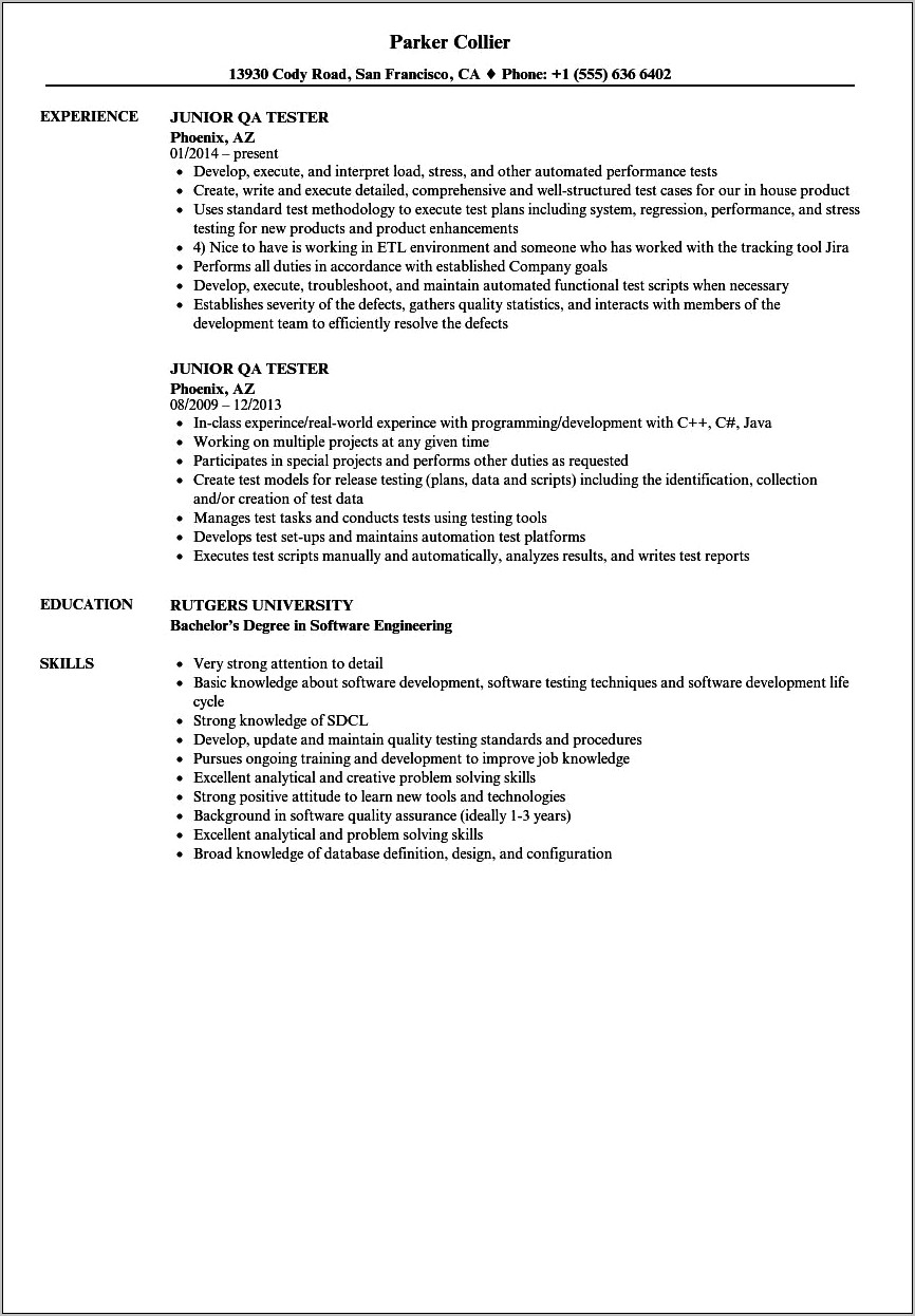 Sample Resume For Entry Level Manual Qa Tester