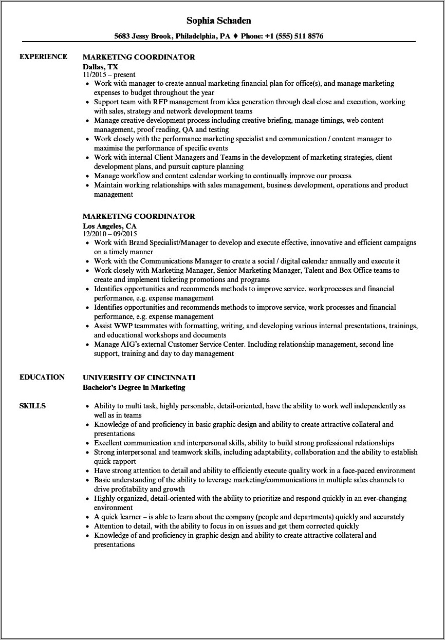 Sample Resume For Entry Level Marketing Coordinator