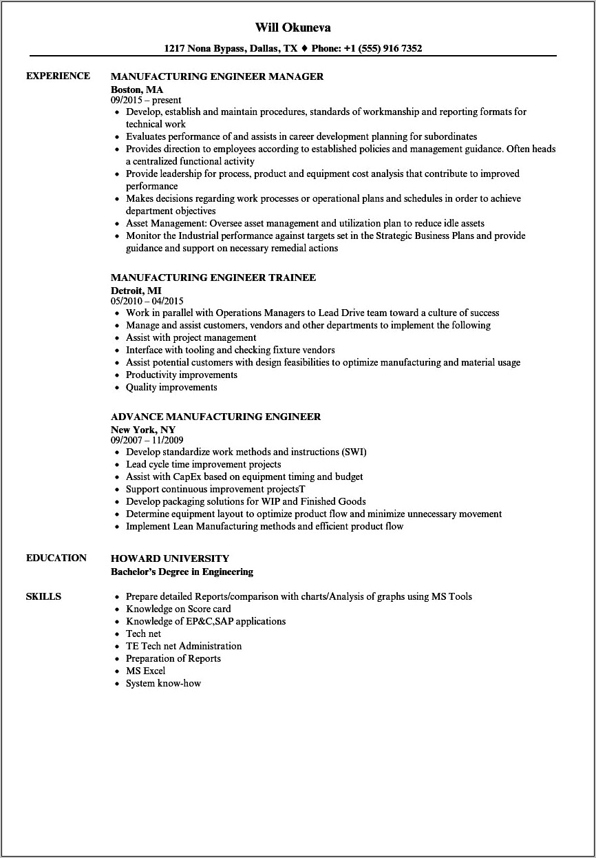 Sample Resume For Entry Manufacturing Engineer