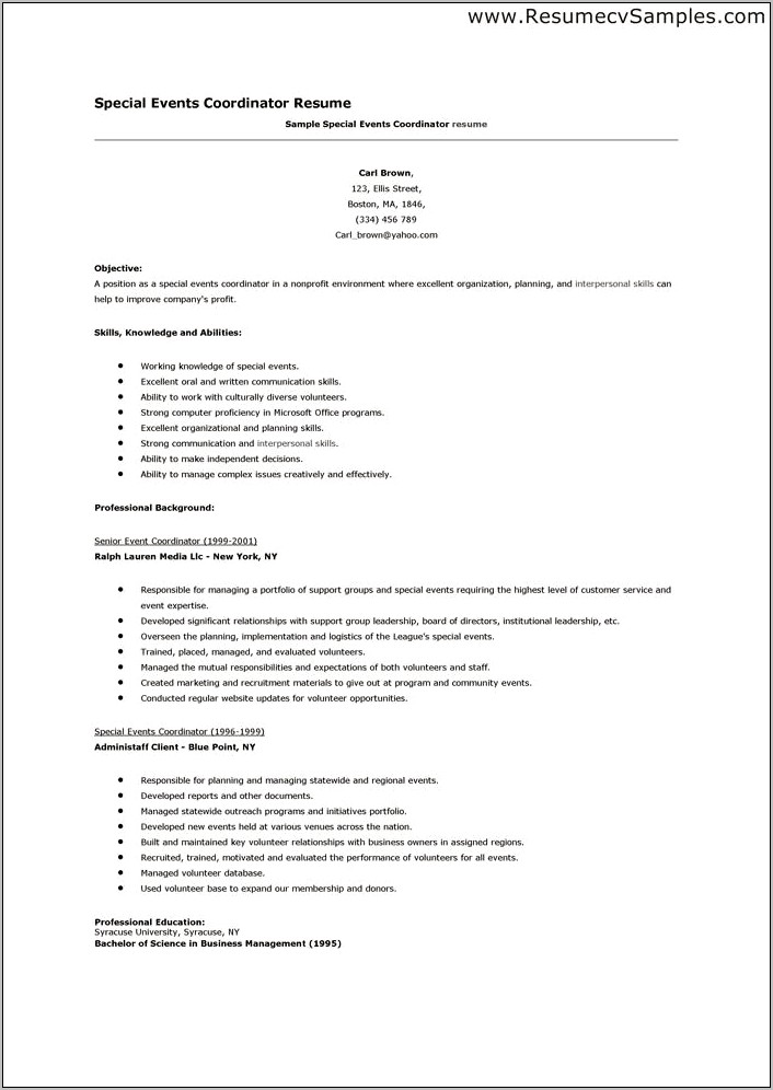 Sample Resume For Event Coordinator Position