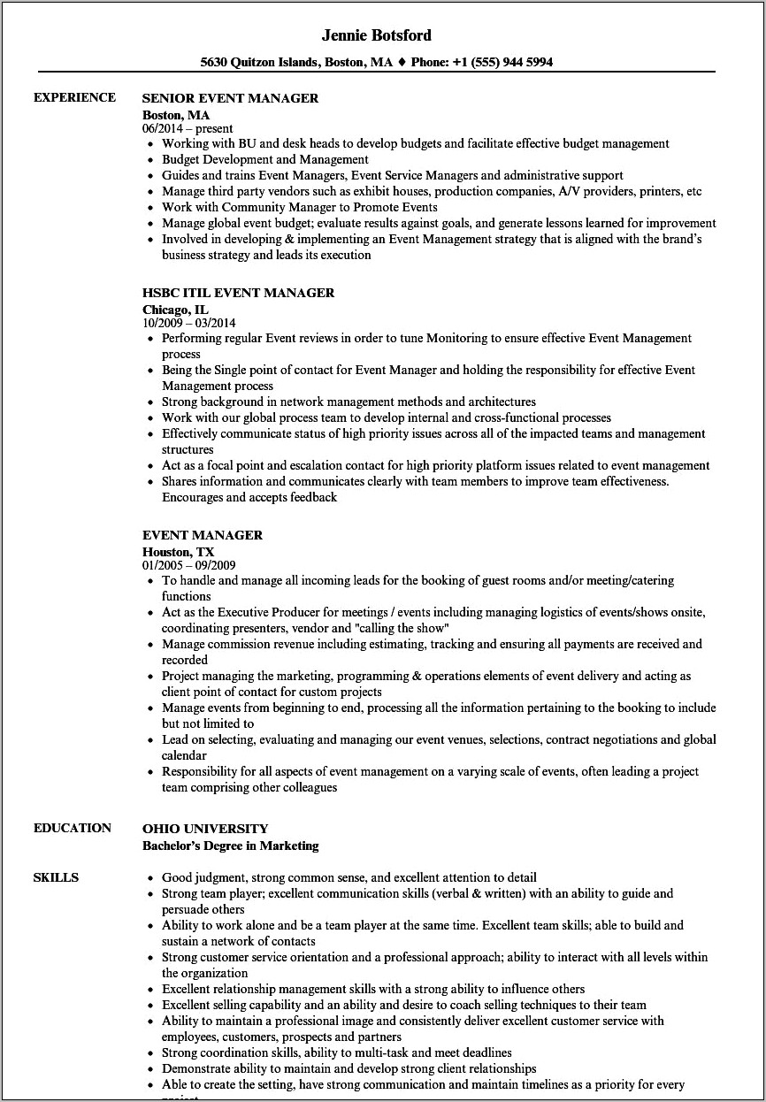 Sample Resume For Event Management Job