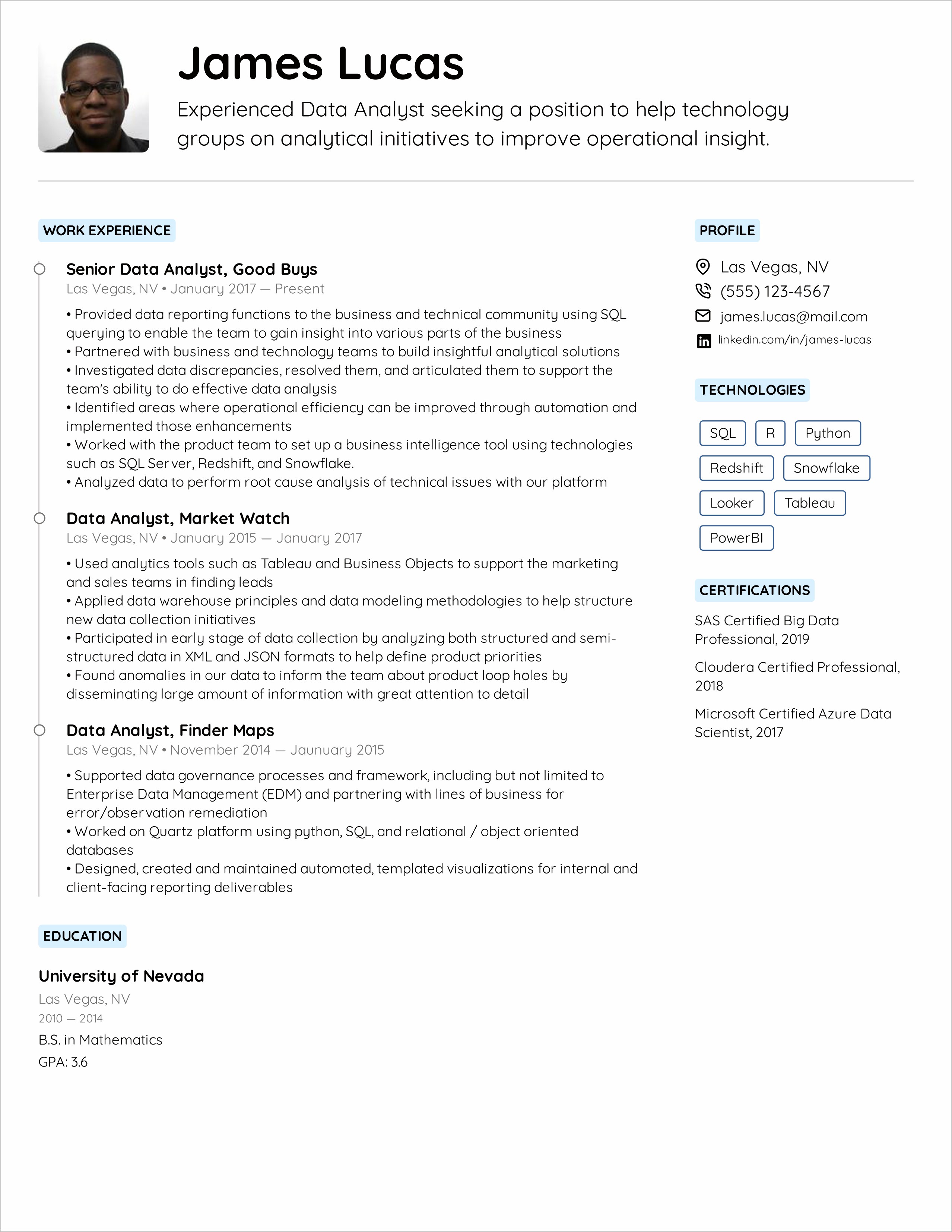 Sample Resume For Experienced Business Analyst