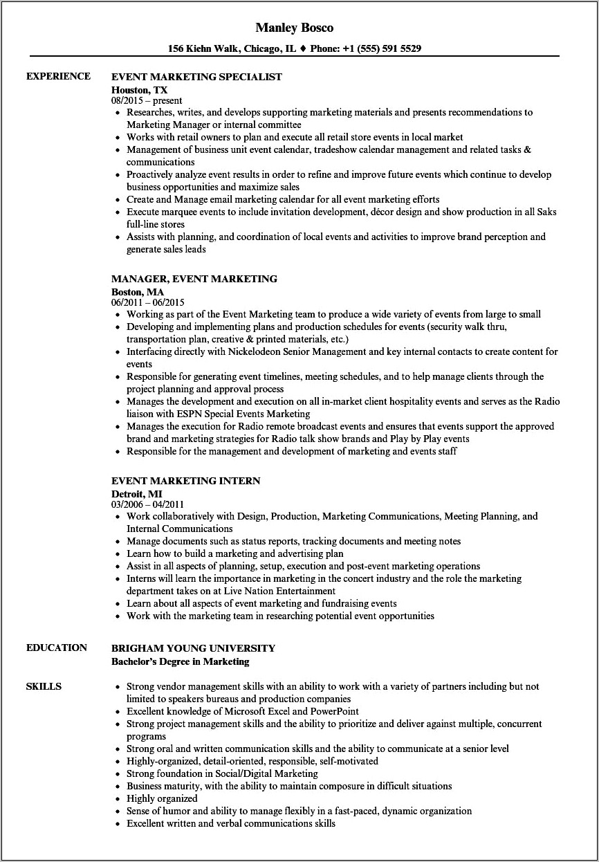 Sample Resume For Experienced Candidates In Marketing
