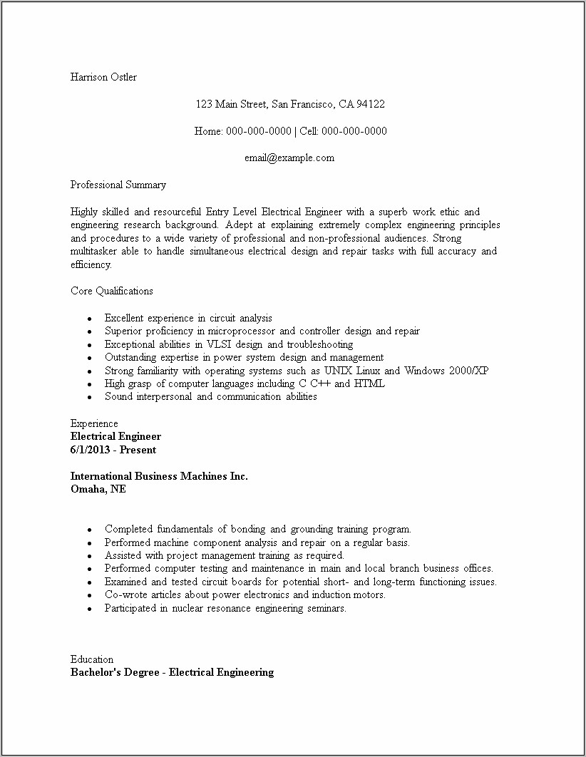 Sample Resume For Experienced Component Engineer