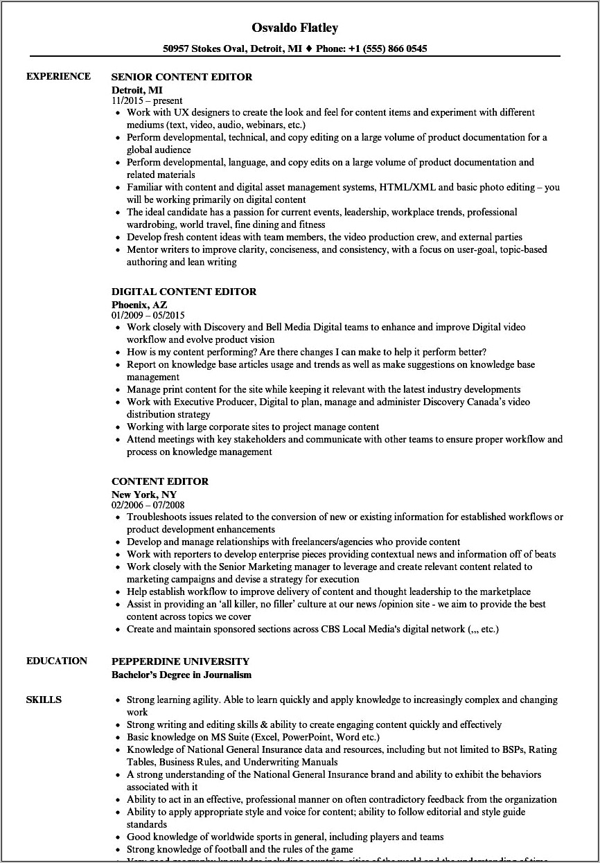 Sample Resume For Experienced Copy Editor