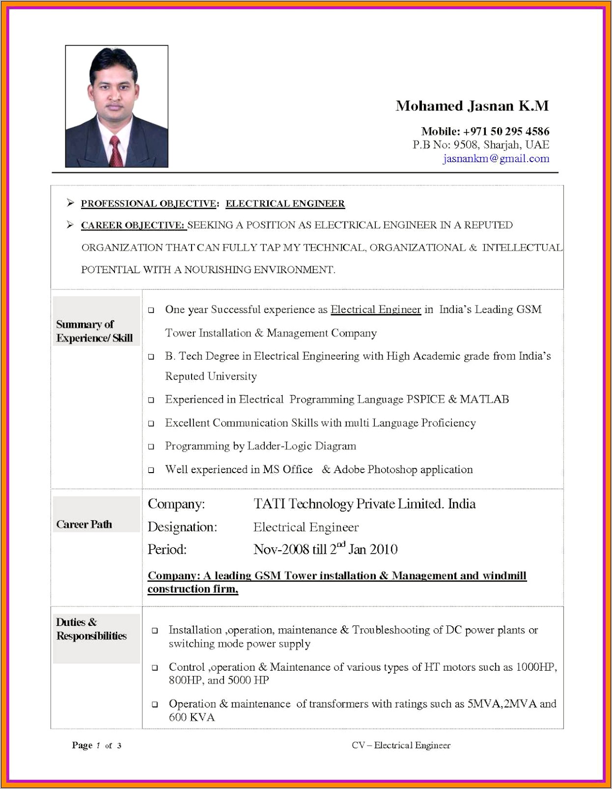 Sample Resume For Experienced Engineer India