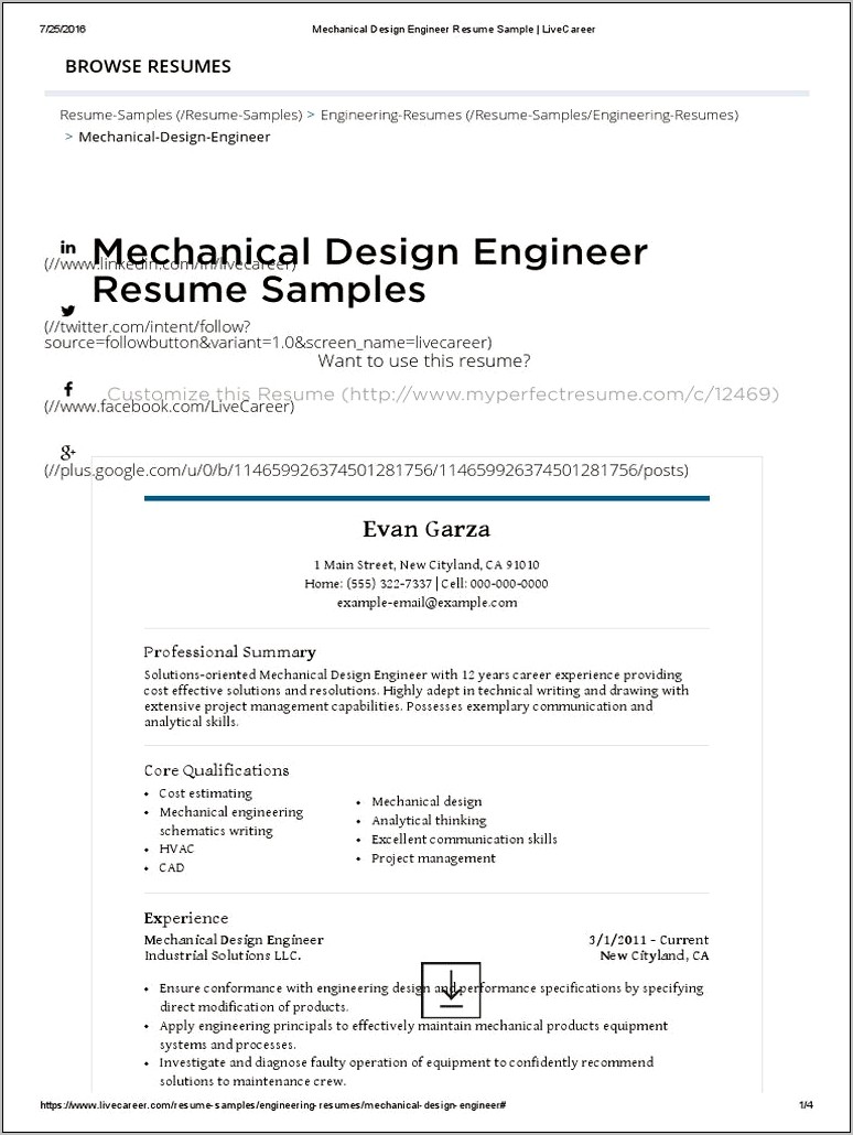 Sample Resume For Experienced Mechanical Design Engineer Pdf