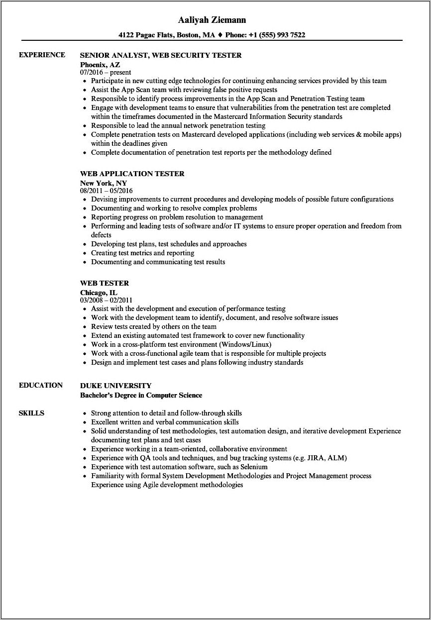 Sample Resume For Experienced Mobile Application Testing