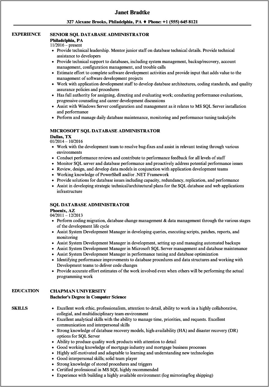 Sample Resume For Experienced Mysql Dba