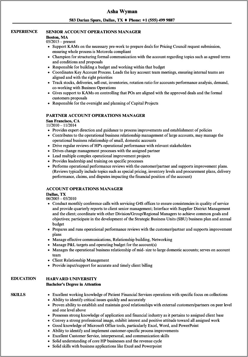 Sample Resume For Experienced Operations Manager
