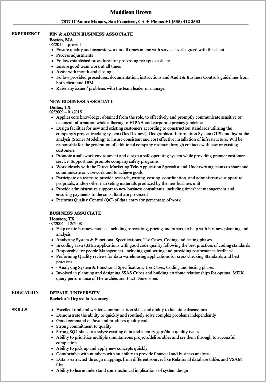 Sample Resume For Experienced Process Associate