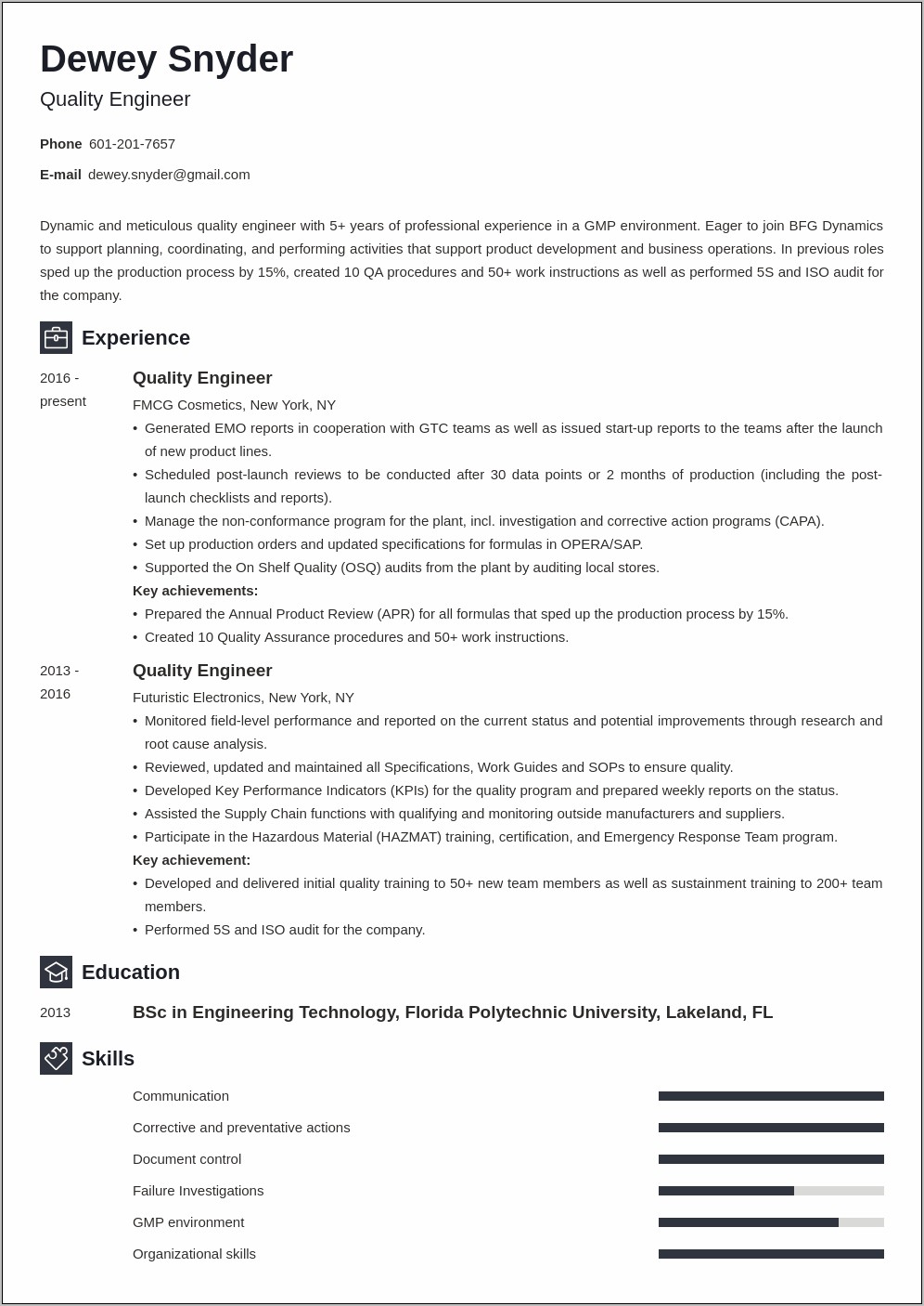 Sample Resume For Experienced Quality Control Engineer