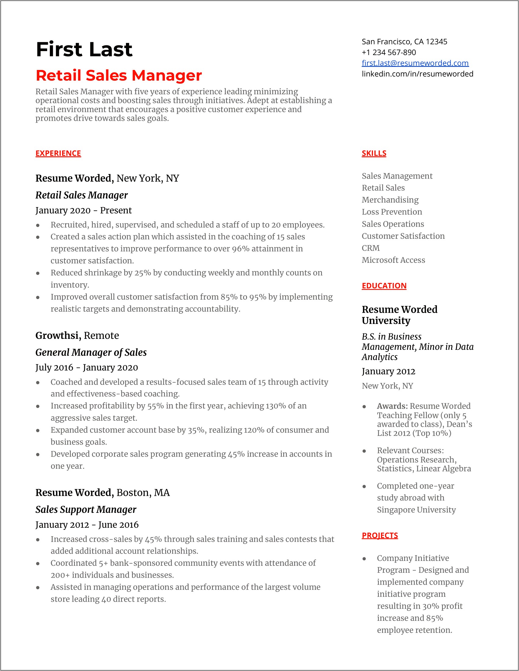 Sample Resume For Experienced Retail Manager