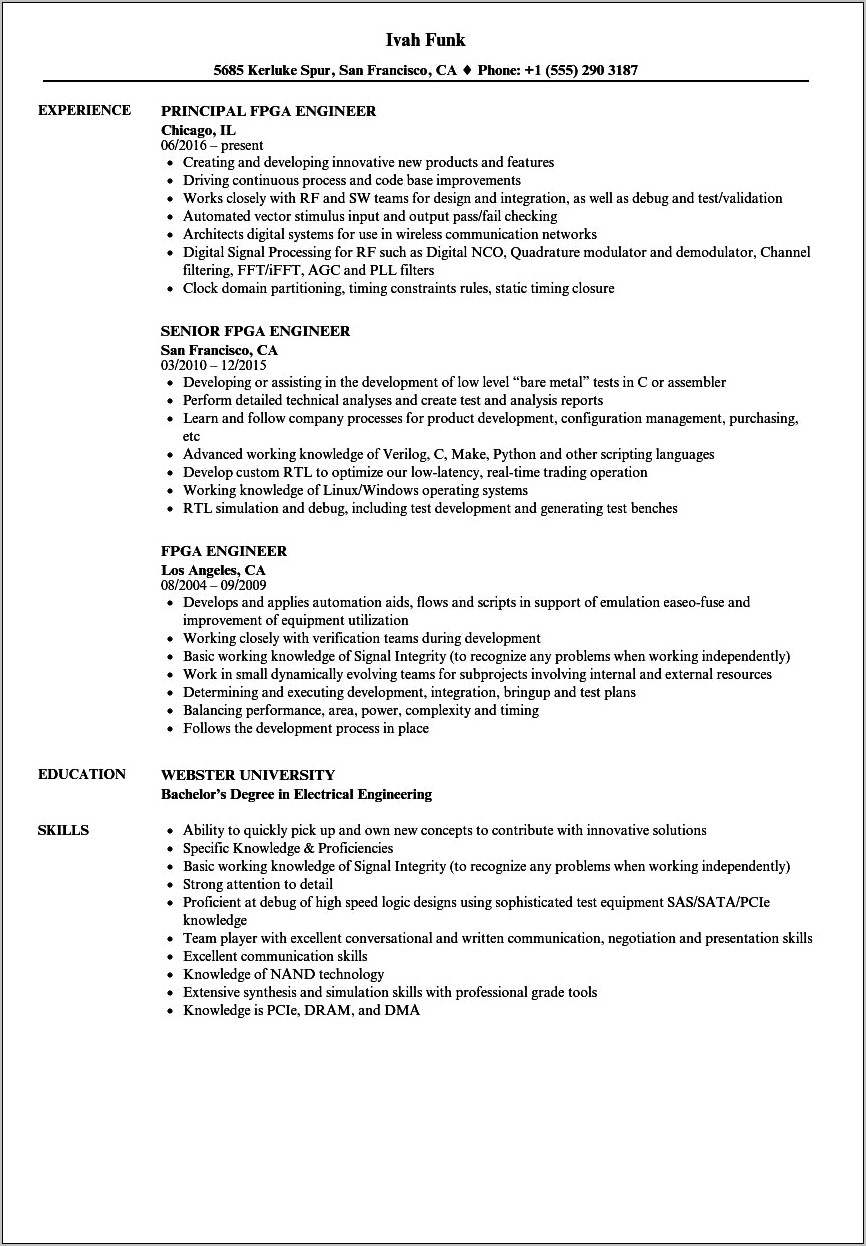 Sample Resume For Experienced Rtl Design Engineer