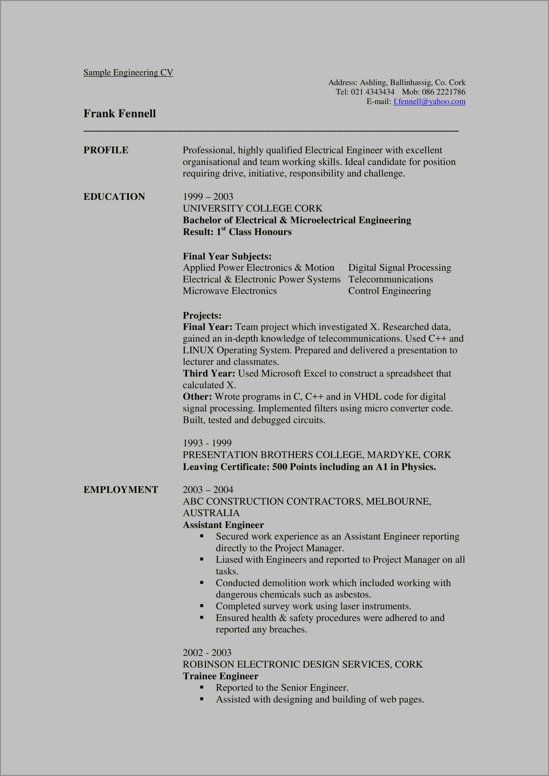 Sample Resume For Experienced Senior Engineer