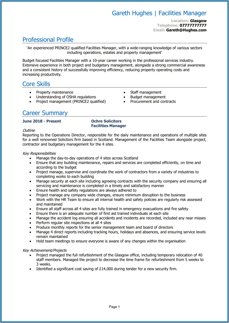 Sample Resume For Facility Maintenance Manager