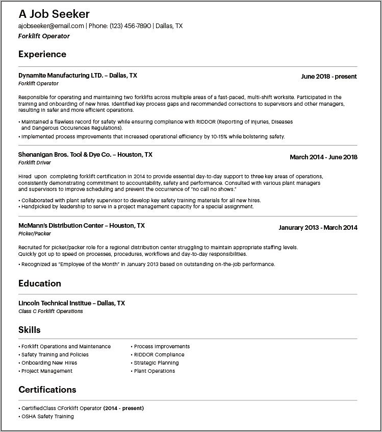 Sample Resume For Factory Worker With No Experience