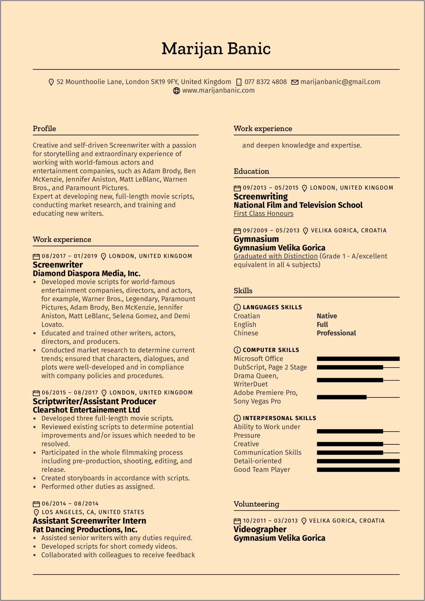 Sample Resume For Film And Entertainment Industry