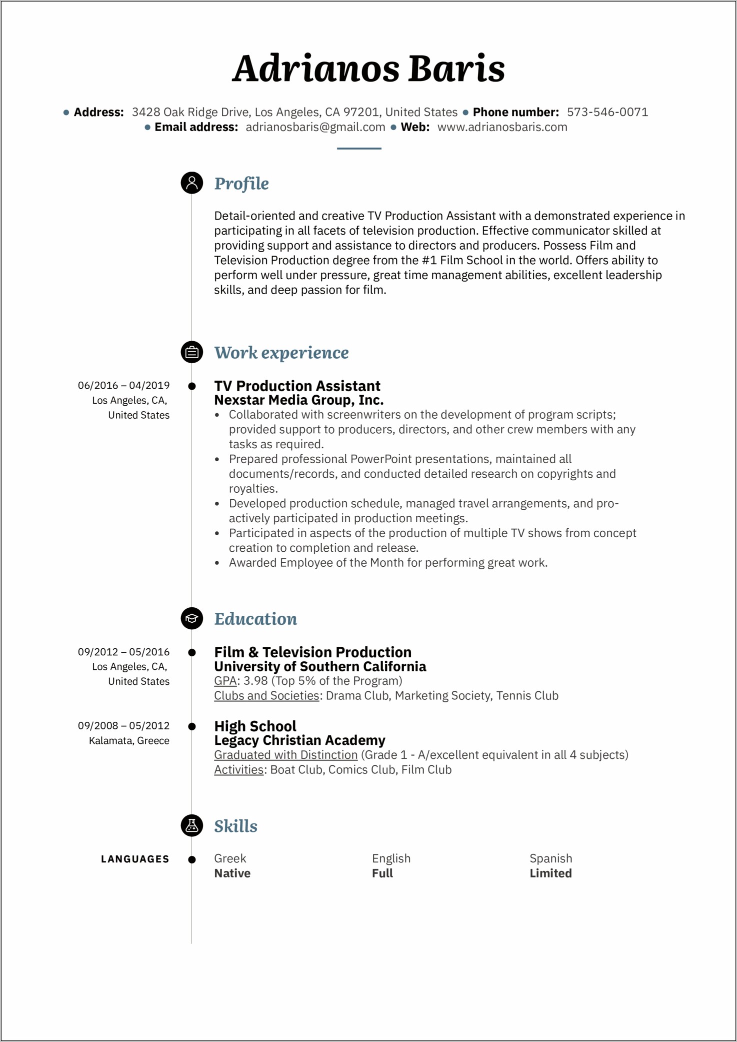 Sample Resume For Film Production Assistant