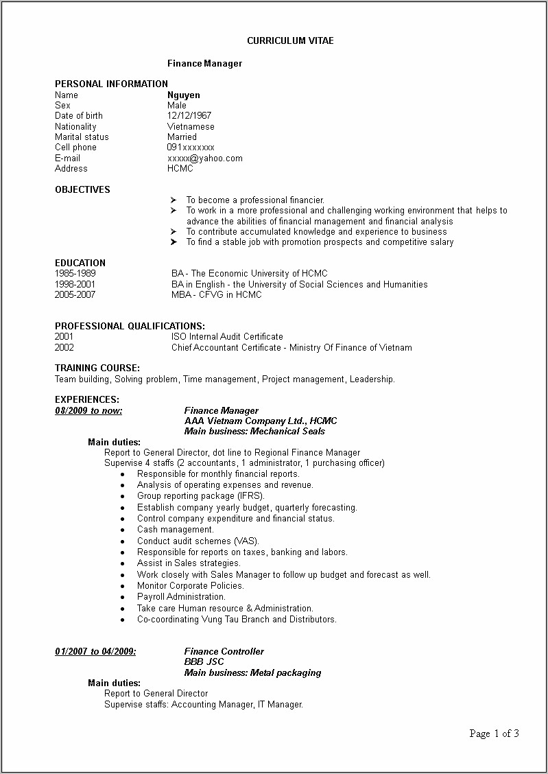Sample Resume For Finance And Accounting Freshers