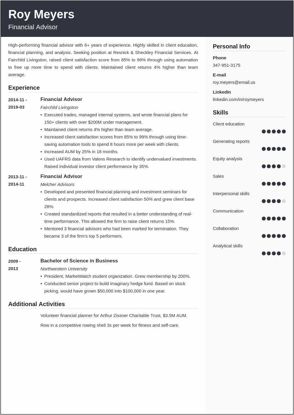 Sample Resume For Financial Advisor Position