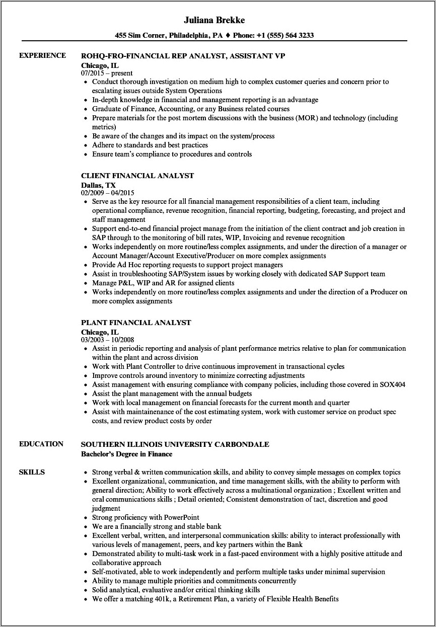 Sample Resume For Financial Analyst In India