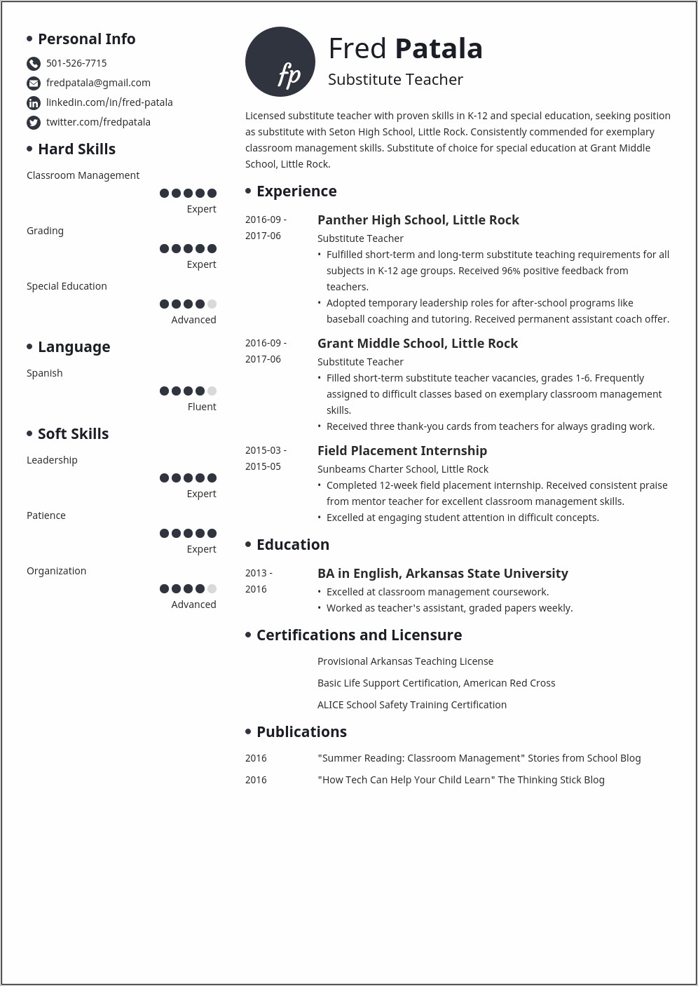 Sample Resume For First Time Substitute Teacher