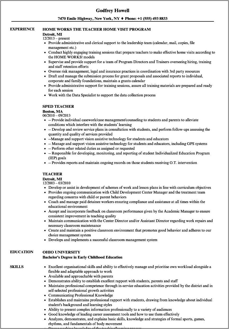 Sample Resume For First Time Teachers