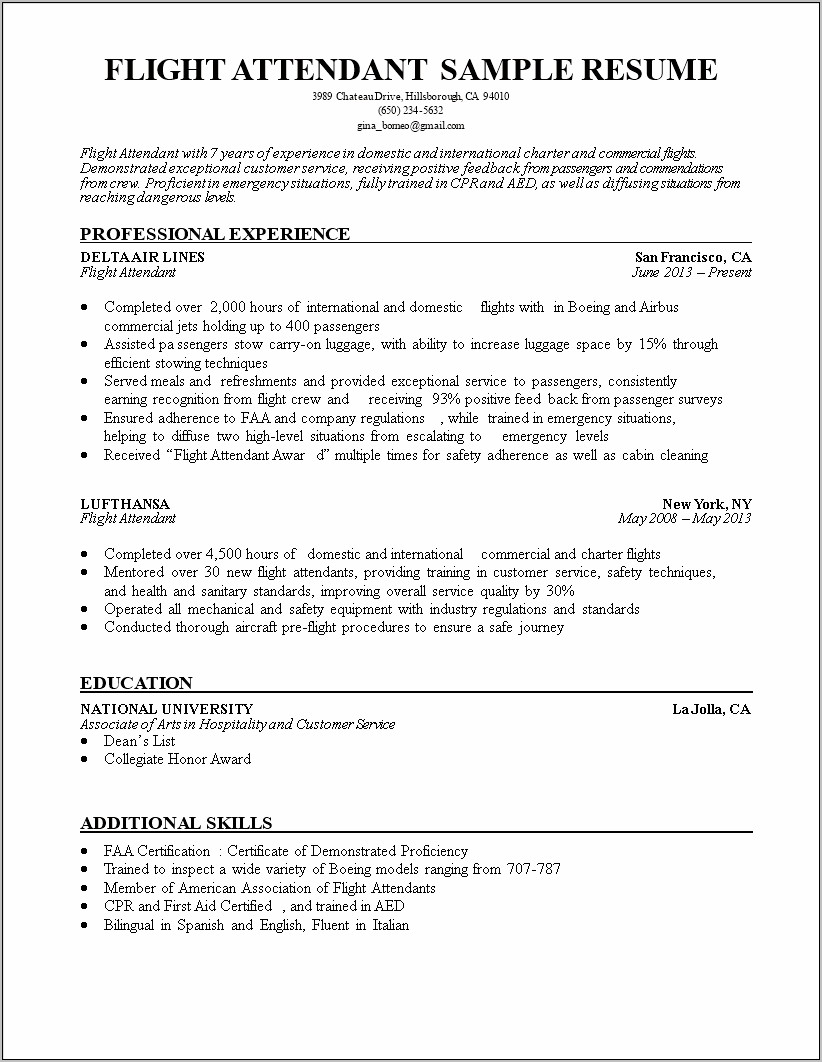 Sample Resume For Flight Attendant With No Experience
