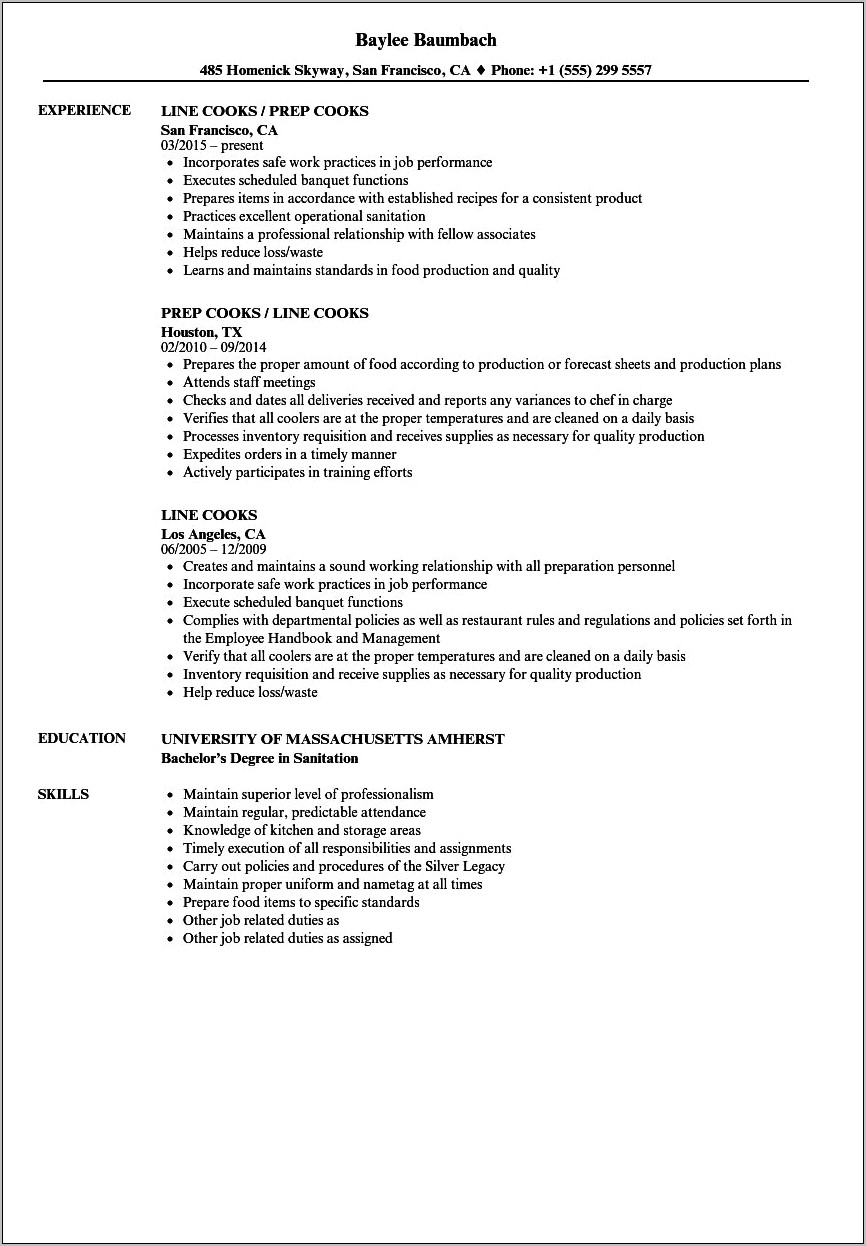 Sample Resume For Food Production Line Worker