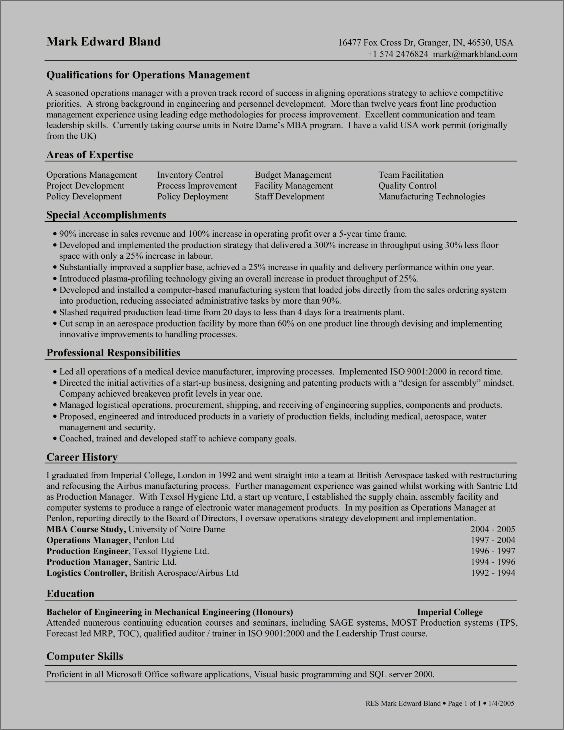 Sample Resume For Food Production Manager
