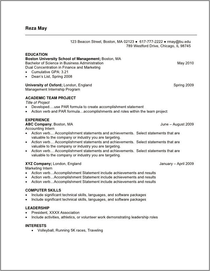 Sample Resume For Food Science Internship