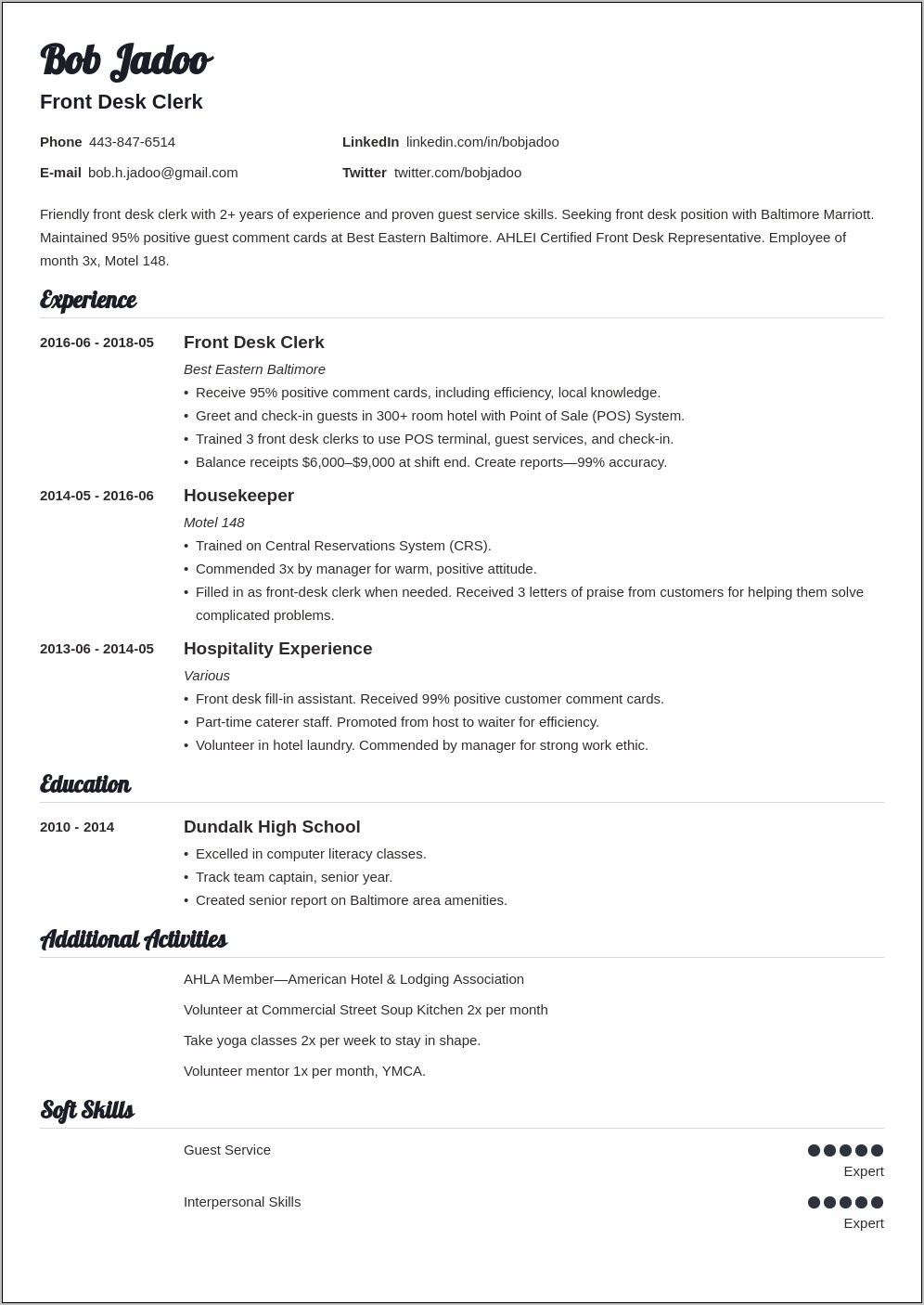 Sample Resume For Freshers In Hospitality Industry