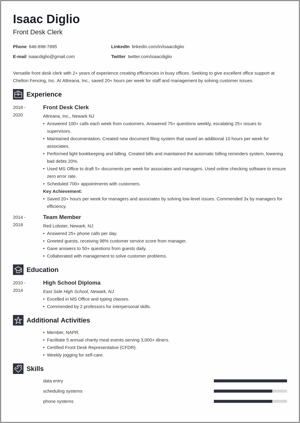 Sample Resume For Front Office Receptionist