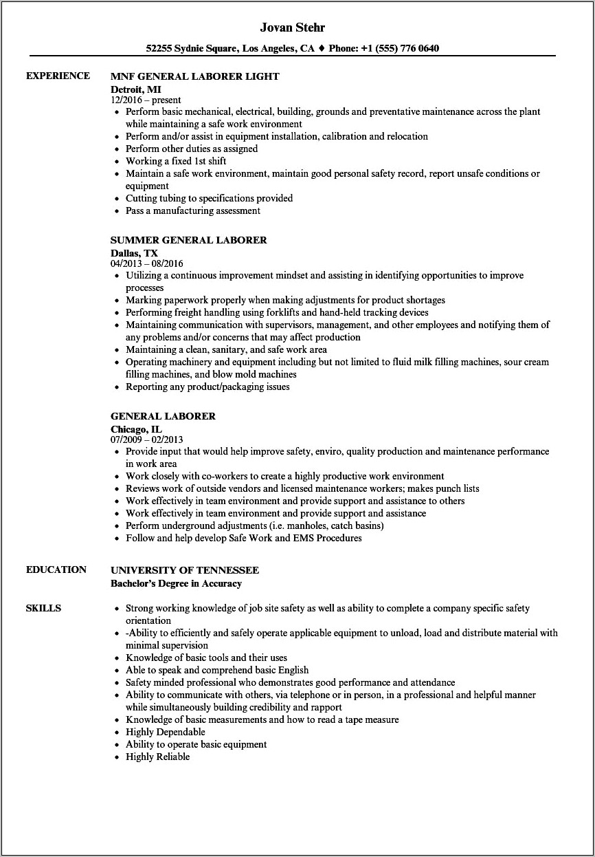 Sample Resume For General Laborer And Machine Operator