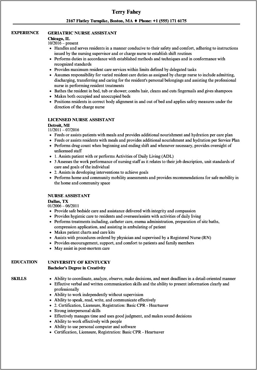 Sample Resume For Geriatric Nursing Assistant