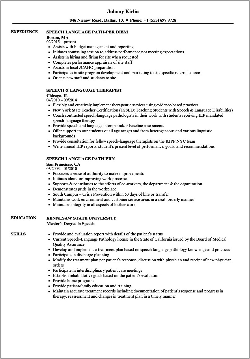 Sample Resume For Graduaye Speech Pathology School