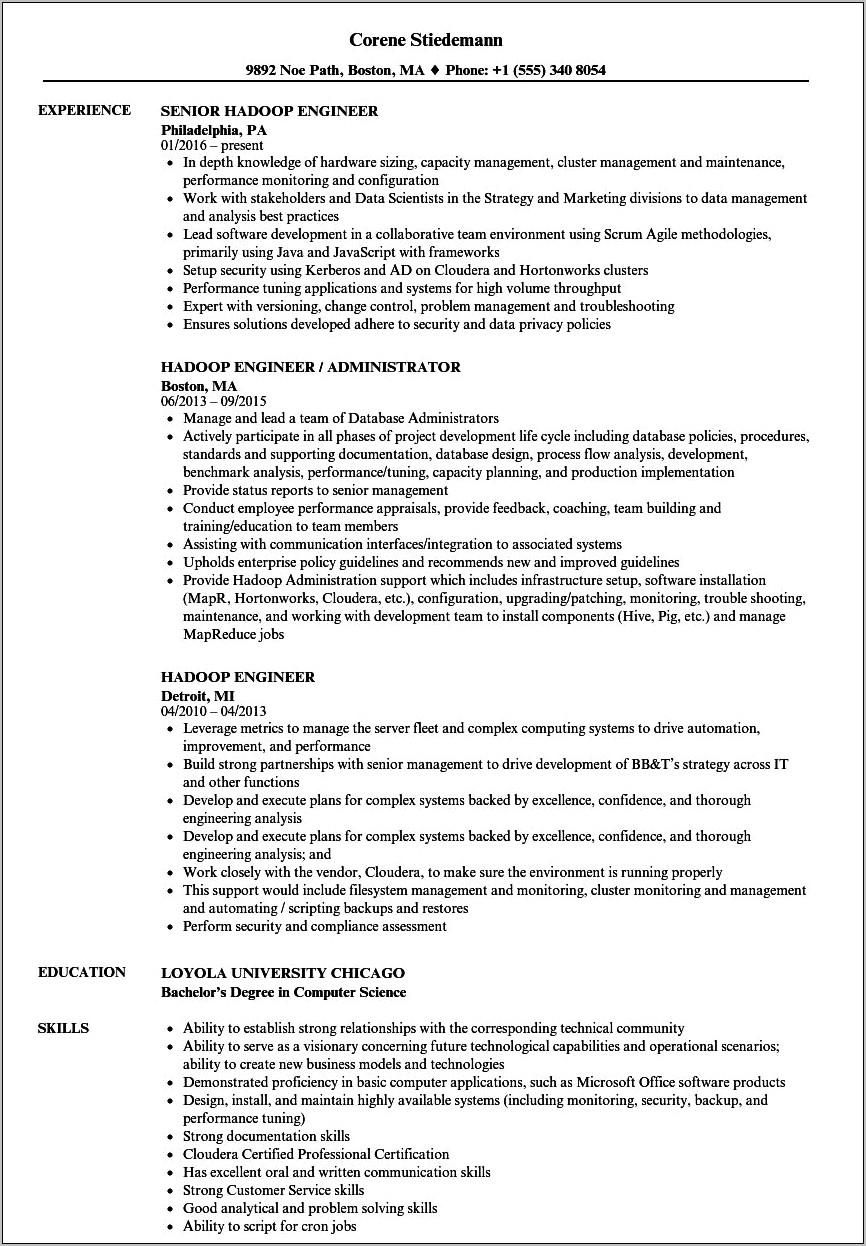 Sample Resume For Hadoop Developer Entry Level Position