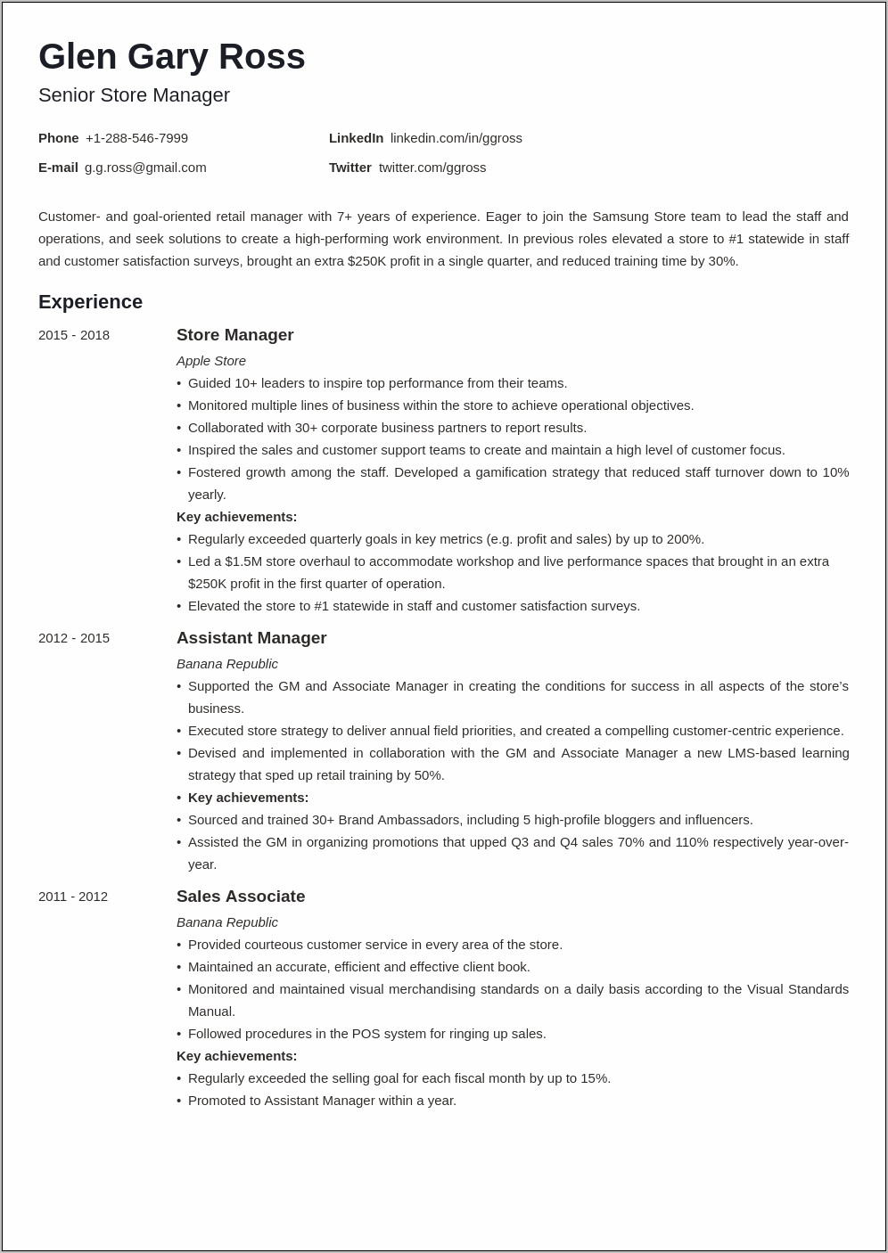 Sample Resume For High End Retail Position