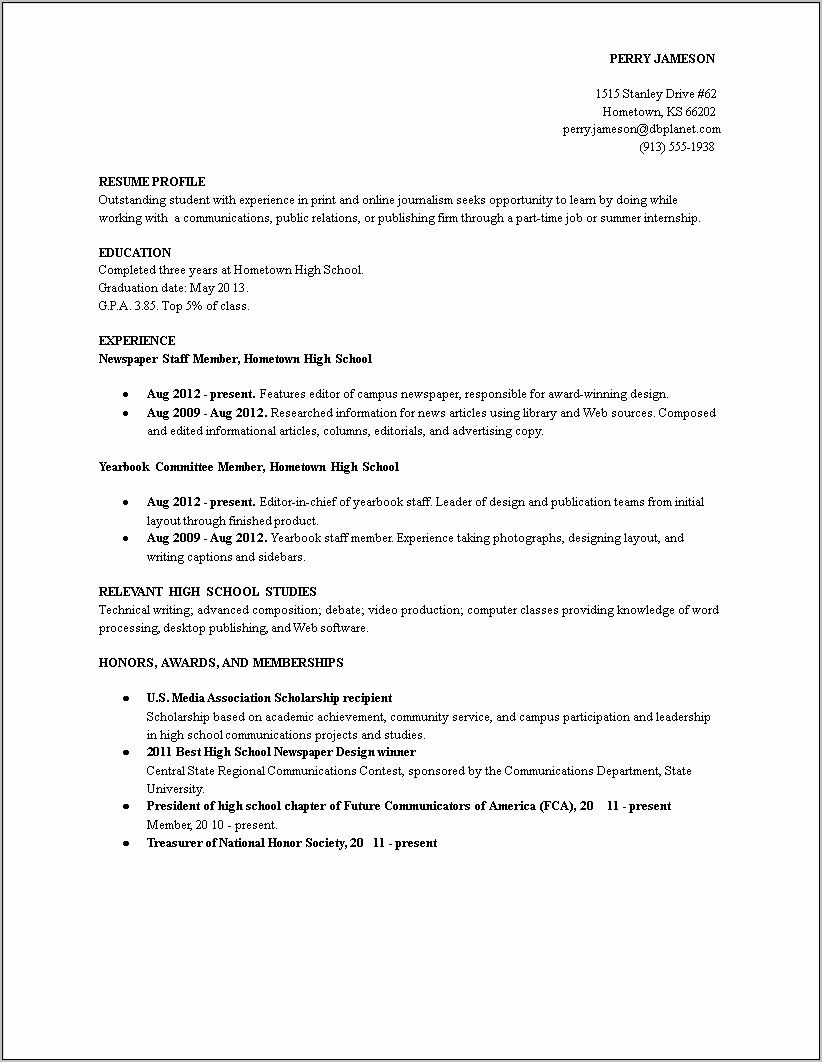 Sample Resume For High School Student Summer Job