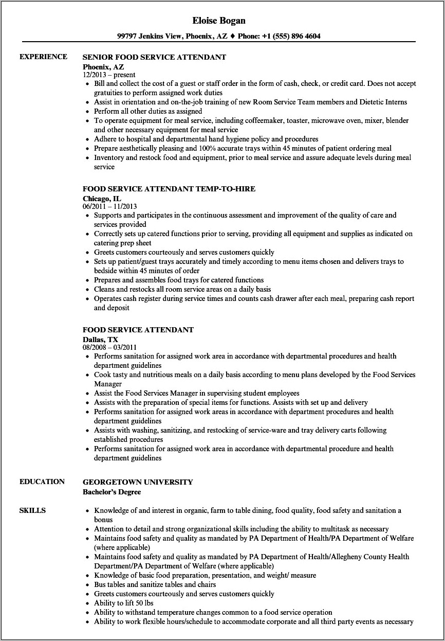 Sample Resume For Hospital Food Service Worker
