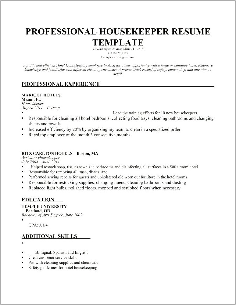 Sample Resume For Hospital Housekeeping Job