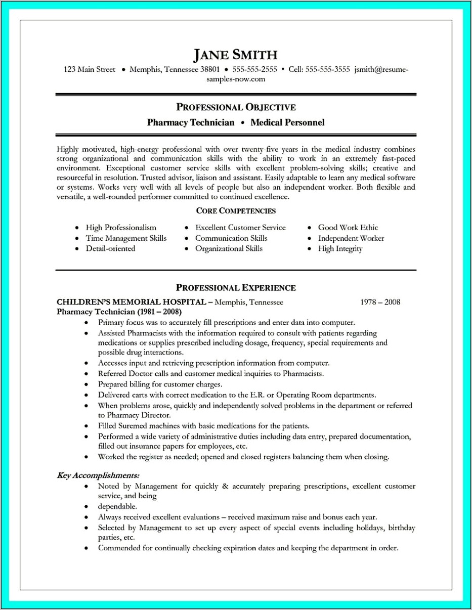 Sample Resume For Hospital Pharmacy Technician