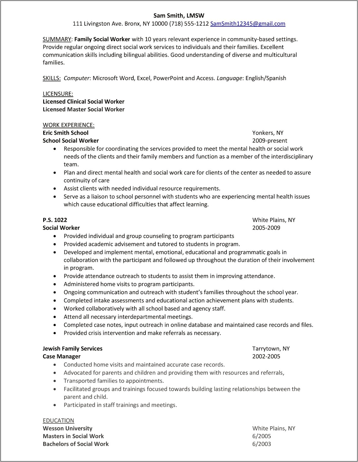 Sample Resume For Hospital Social Worker