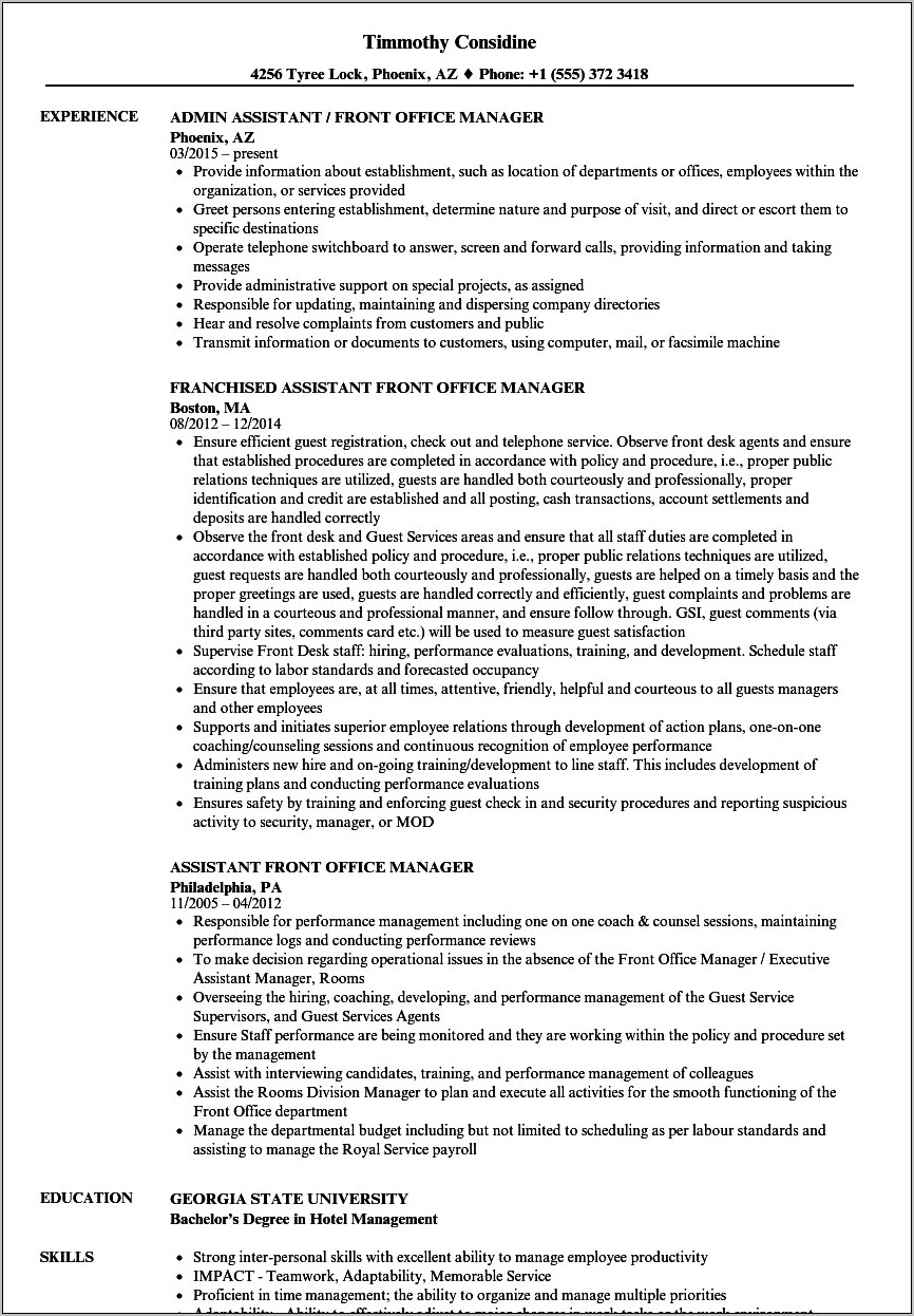 Sample Resume For Hotel Assistant Manager