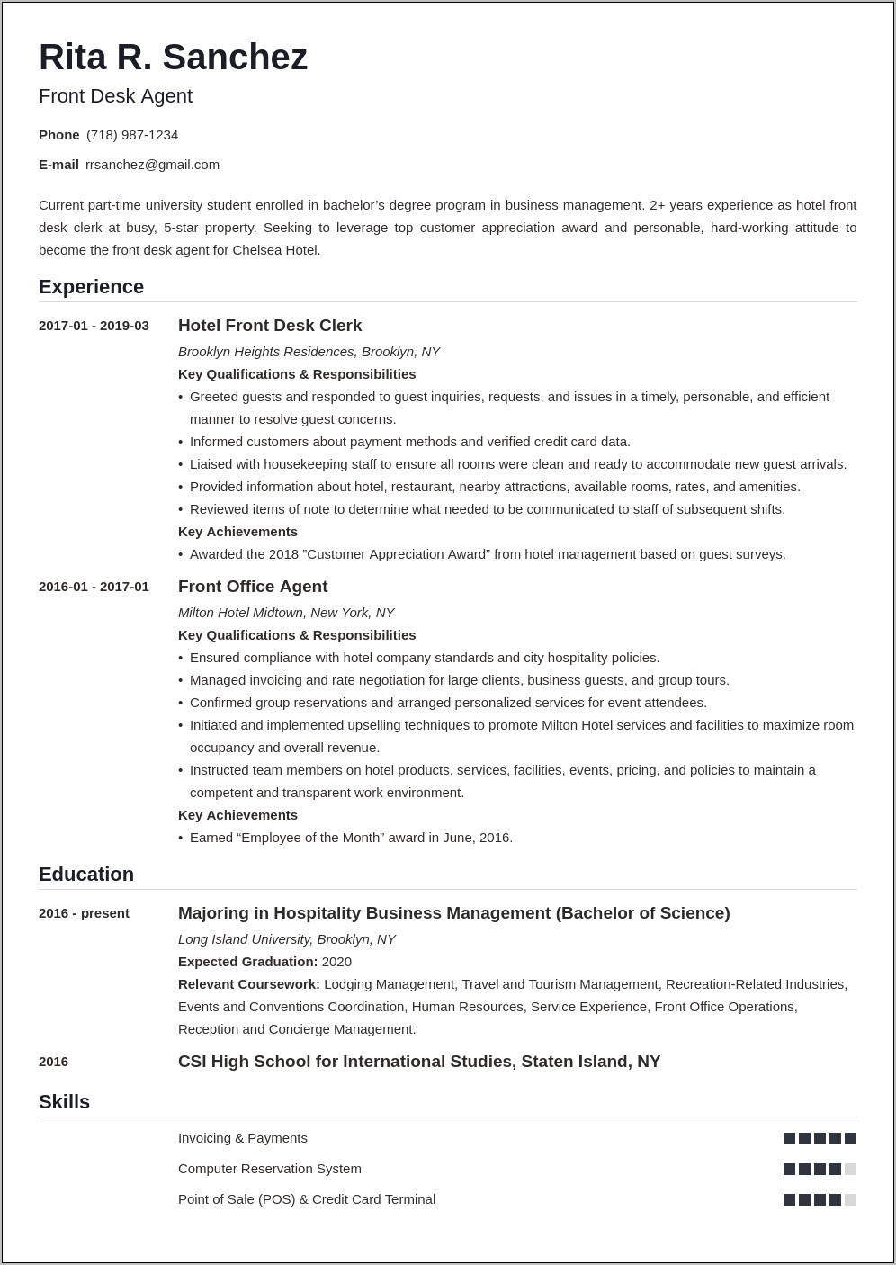 Sample Resume For Hotel Receptionist With No Experience